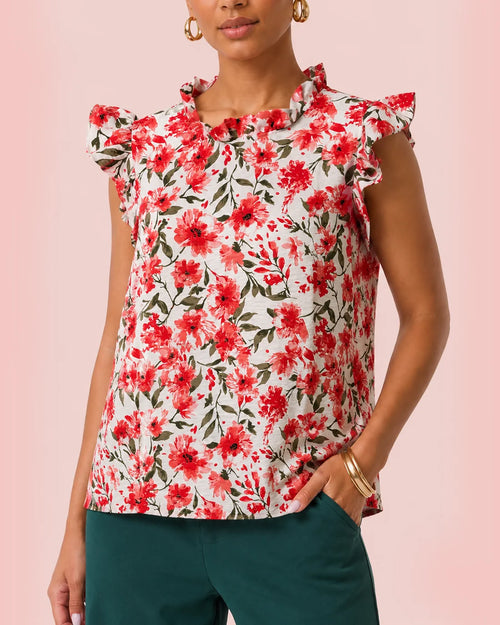 Red Floral Ruffle Sleeveless Casual Blouse Top