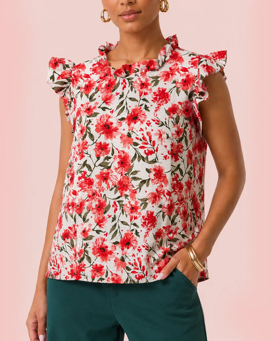 Red Floral Ruffle Sleeveless Casual Blouse Top
