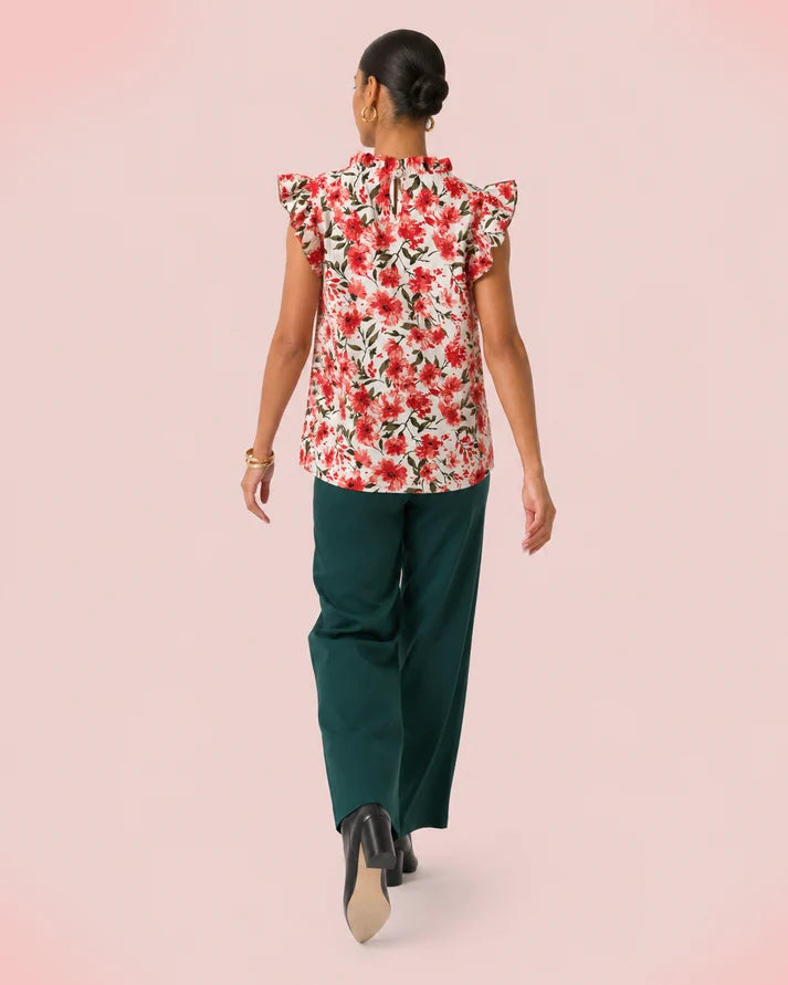 Red Floral Ruffle Sleeveless Casual Blouse Top
