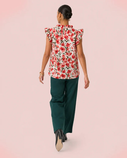 Red Floral Ruffle Sleeveless Casual Blouse Top
