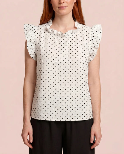White Black Polka‑Dot Ruffle Sleeveless Casual Blouse Top