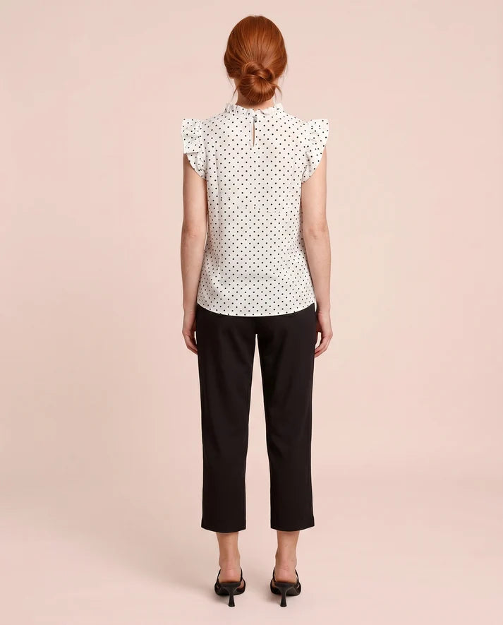 White Black Polka‑Dot Ruffle Sleeveless Casual Blouse Top