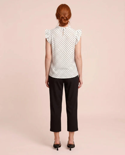 White Black Polka‑Dot Ruffle Sleeveless Casual Blouse Top