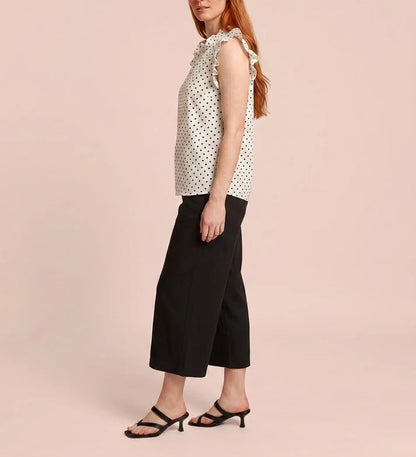White Black Polka‑Dot Ruffle Sleeveless Casual Blouse Top