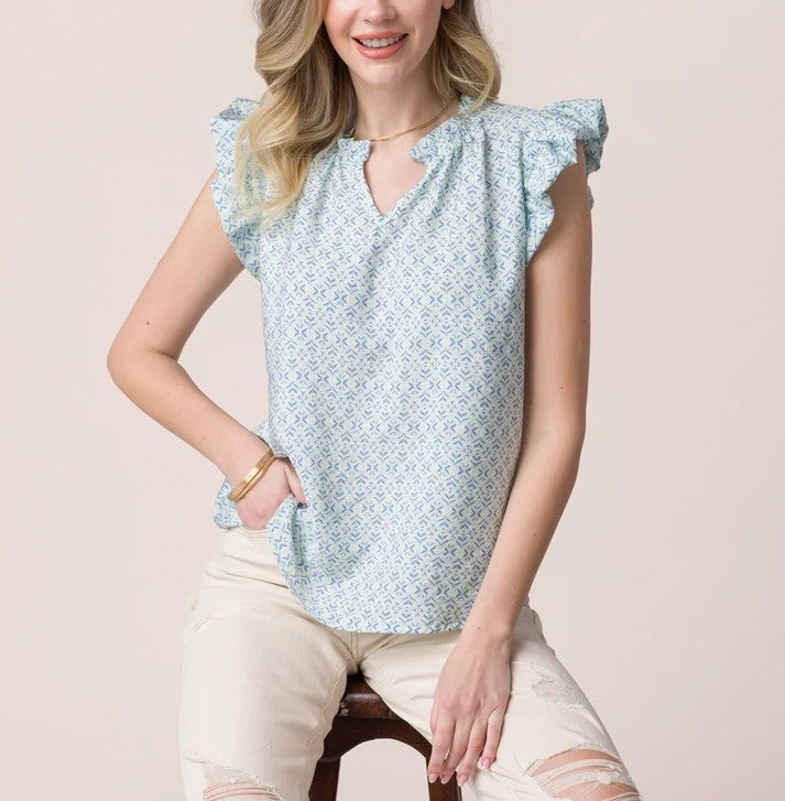 Coastal Calm Printed Ruffle Collar Sleeveless Blouse Top