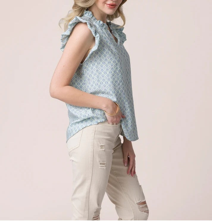 Coastal Calm Printed Ruffle Collar Sleeveless Blouse Top