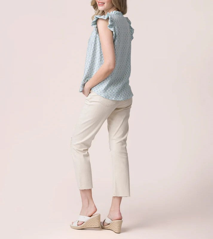 Coastal Calm Printed Ruffle Collar Sleeveless Blouse Top