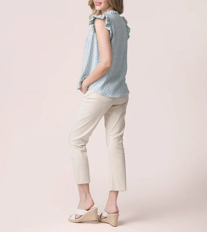 Coastal Calm Printed Ruffle Collar Sleeveless Blouse Top