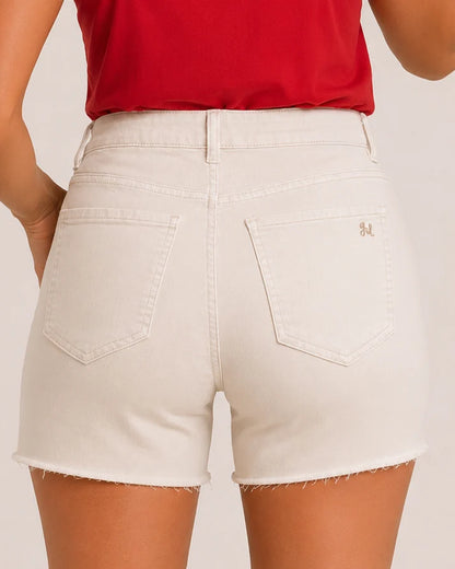 Natural Cream Mid‑Rise Distressed Stretch Denim Shorts