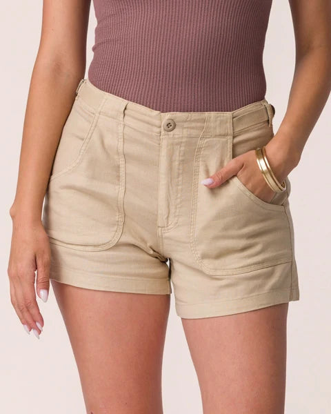 Khaki Linen‑Blend Utility Casual Shorts
