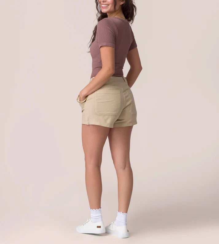 Khaki Linen‑Blend Utility Casual Shorts