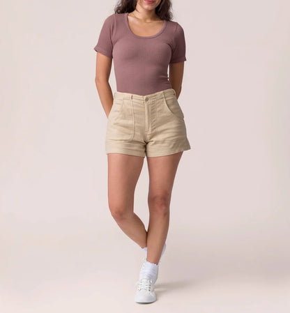 Khaki Linen‑Blend Utility Casual Shorts